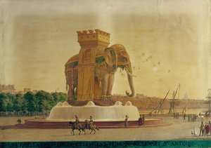 バスティーユ広場での象の噴水の眺め、1805-1810年頃（紙にトイレ）